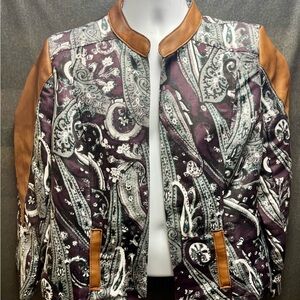 Vintage Purple Paisley Patterned Blazer with Brown Leather Accents